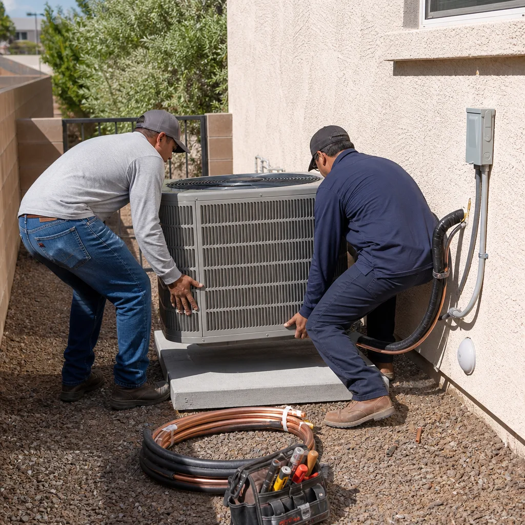 Two HVAC technicians installing an outdoor air conditioning unit