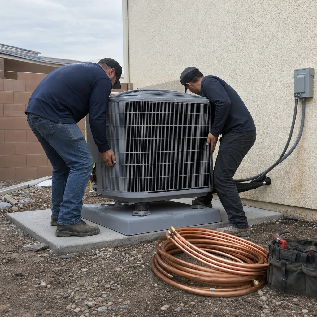 Two professional HVAC technicians installing a residential air conditioning unit