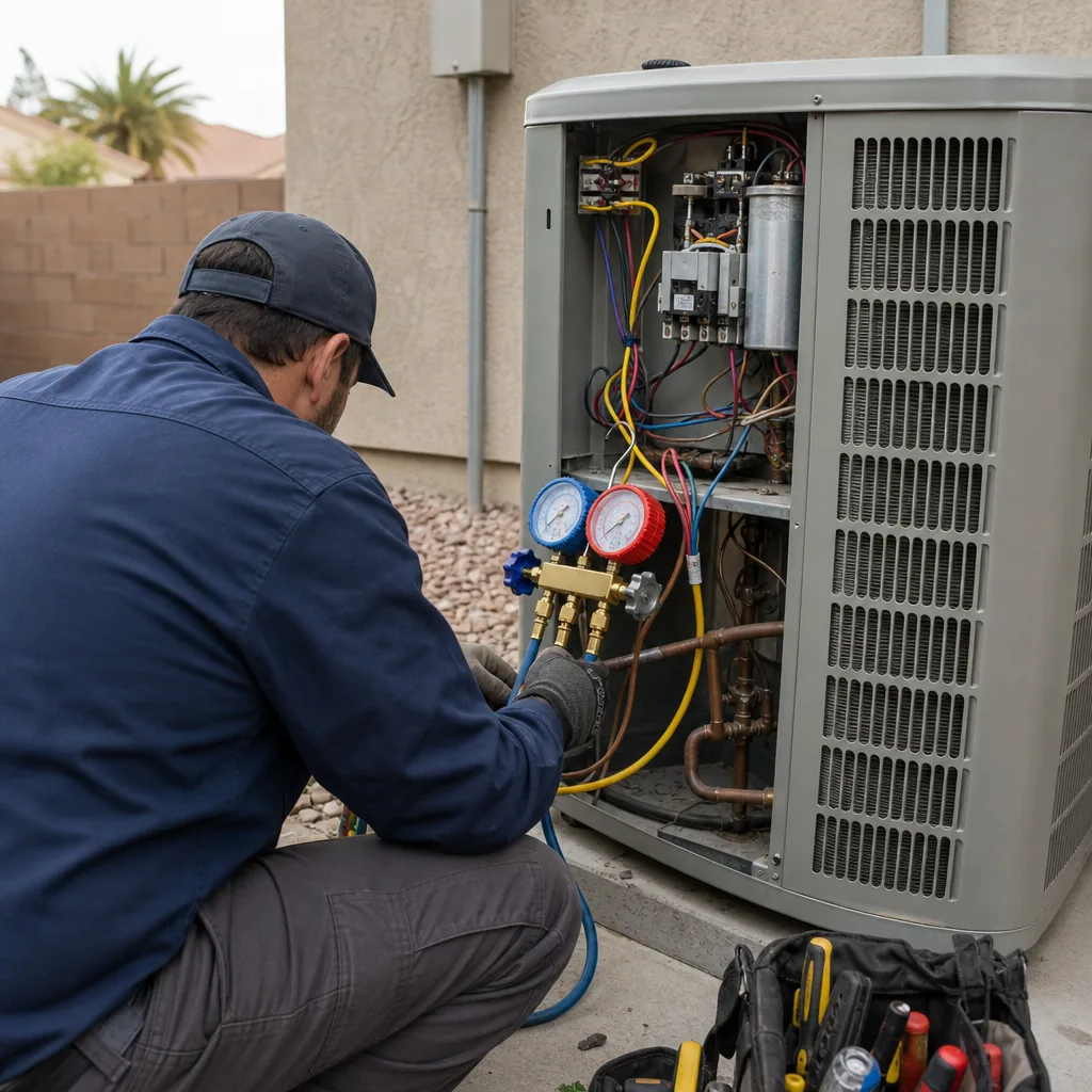 Technician using manifold gauges for professional air conditioner installation and service.