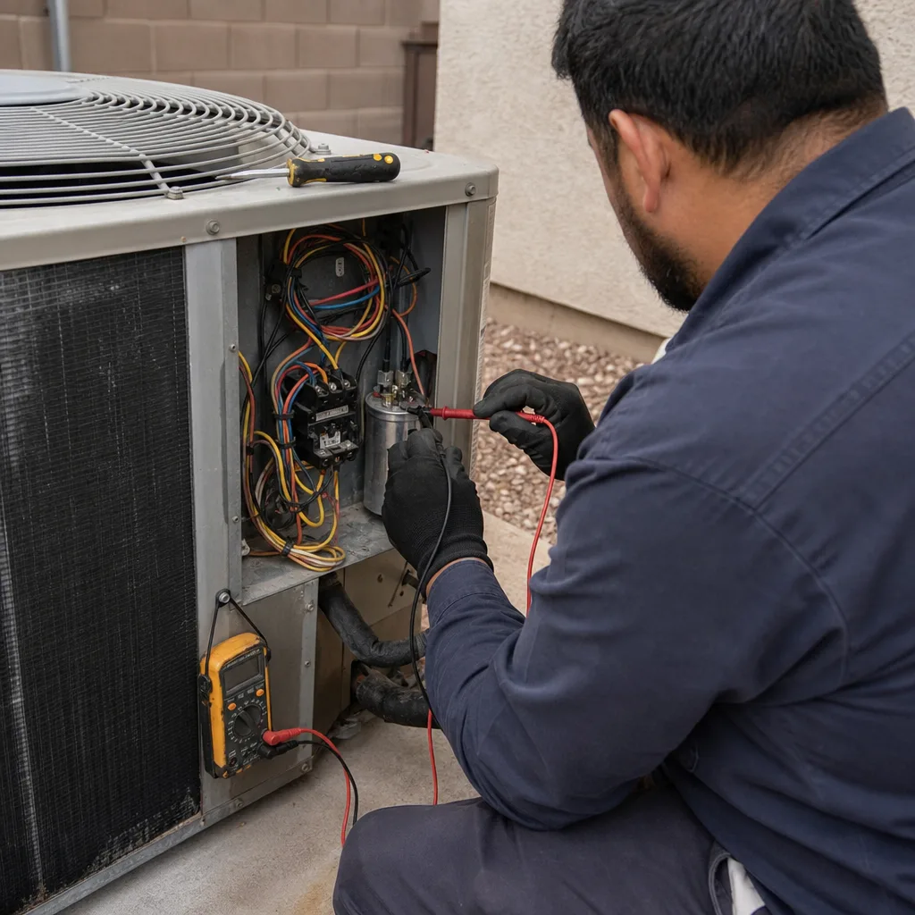 HVAC technician testing an air conditioning capacitor with a digital multimeter