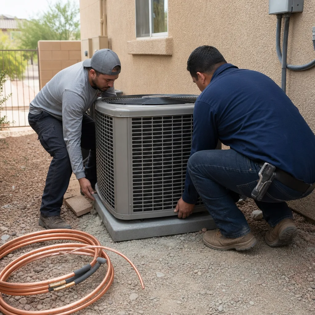 Two professional HVAC technicians installing an outdoor air conditioning unit