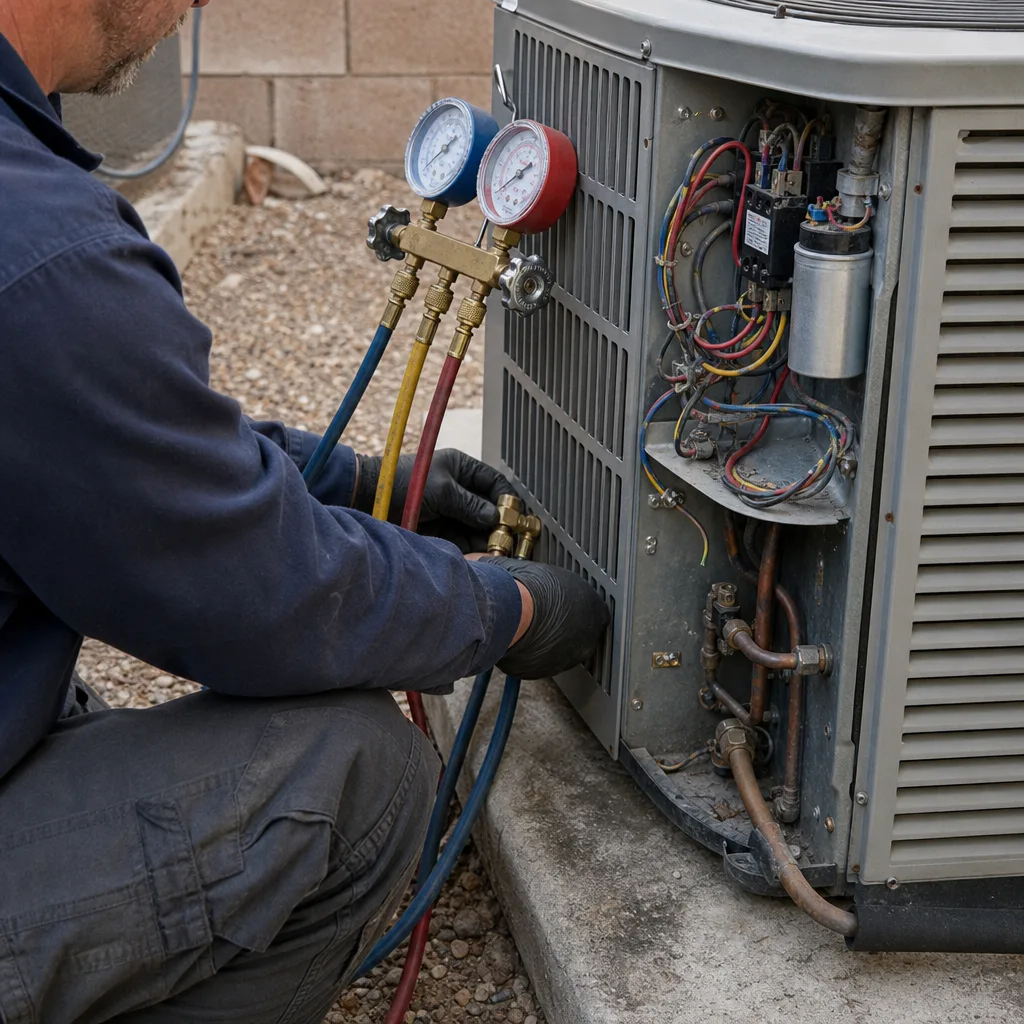 HVAC technician performing professional AC repair on an outdoor condenser unit