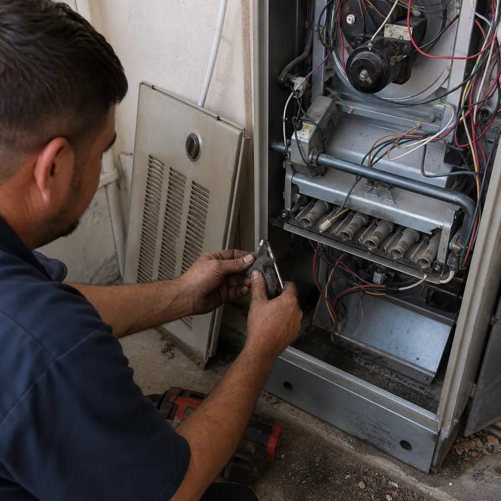 HVAC technician performing professional furnace maintenance and repair