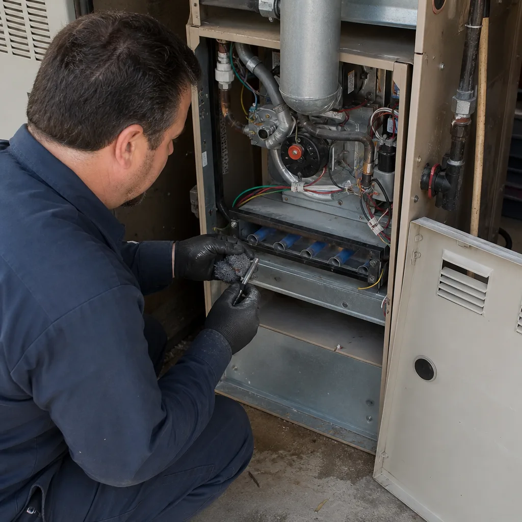 HVAC technician performing professional furnace repair and maintenance